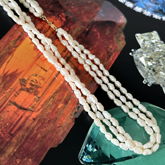 14K Yellow Gold Genuine Cream Pearl Triple Strand Multi Row Necklace 16" - Picture 7 of 10